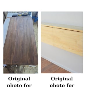 May include: A rectangular wooden table surface with a dark brown walnut finish shown on the left, and a light-colored natural teak finish wall-mounted folding table shown on the right. The text below reads Original photo for walnut and Original photo for teak.