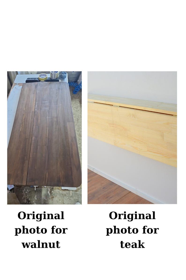 May include: A rectangular wooden table surface with a dark brown walnut finish shown on the left, and a light-colored natural teak finish wall-mounted folding table shown on the right. The text below reads Original photo for walnut and Original photo for teak.