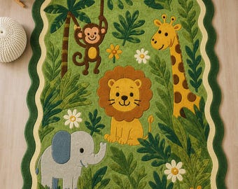 Alfombra de animales de safari en la jungla, alfombra infantil de león, elefante y mono, alfombra tropical verde para guardería, alfombra de safari tejida a mano, decoración para sala de juegos y dormitorio.