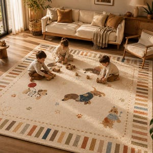 Puede incluir: Una alfombra rectangular grande con base color crema que presenta ilustraciones de perros salchicha con su&eacute;teres azules, globos rojos y estrellas. El borde consiste en un patr&oacute;n repetitivo de rayas verticales en tonos tierra y azul.