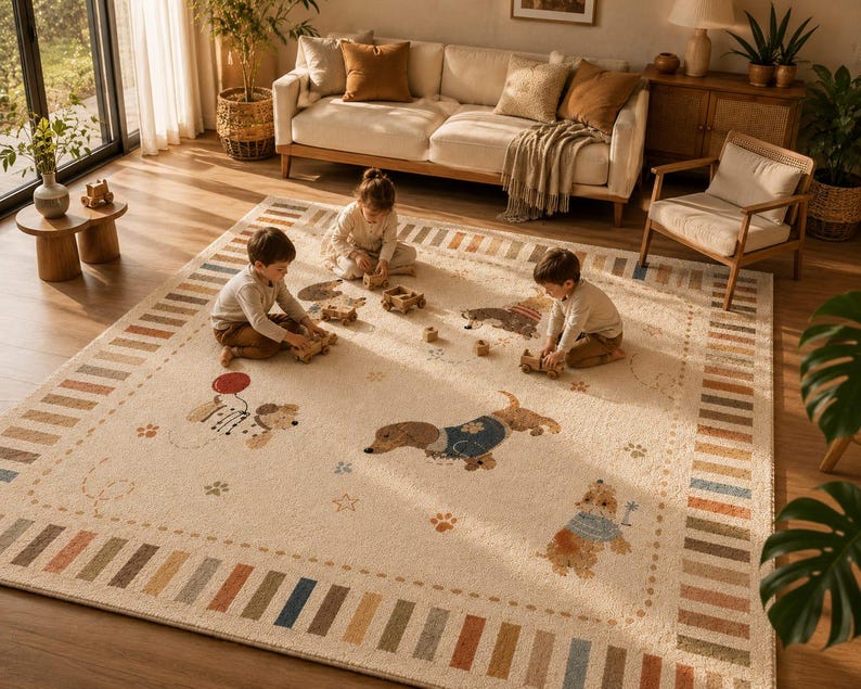 Puede incluir: Una alfombra rectangular grande con base color crema que presenta ilustraciones de perros salchicha con su&eacute;teres azules, globos rojos y estrellas. El borde consiste en un patr&oacute;n repetitivo de rayas verticales en tonos tierra y azul.