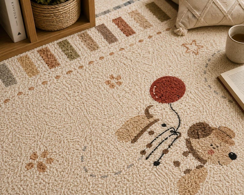 Puede incluir: Una alfombra texturizada de color crema con un borde repetitivo de peque&ntilde;os bloques rectangulares en tonos tierra apagados. El centro muestra un oso de dibujos animados sosteniendo un globo rojo, junto a motivos de estrellas y flores.