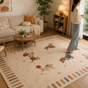 Puede incluir: Una alfombra rectangular grande con base de color crema que presenta un patr&oacute;n repetitivo de perros salchicha ilustrados con su&eacute;teres y bufandas, acentuado por peque&ntilde;as huellas de patas, estrellas y un borde de rayas rectangulares multicolores.