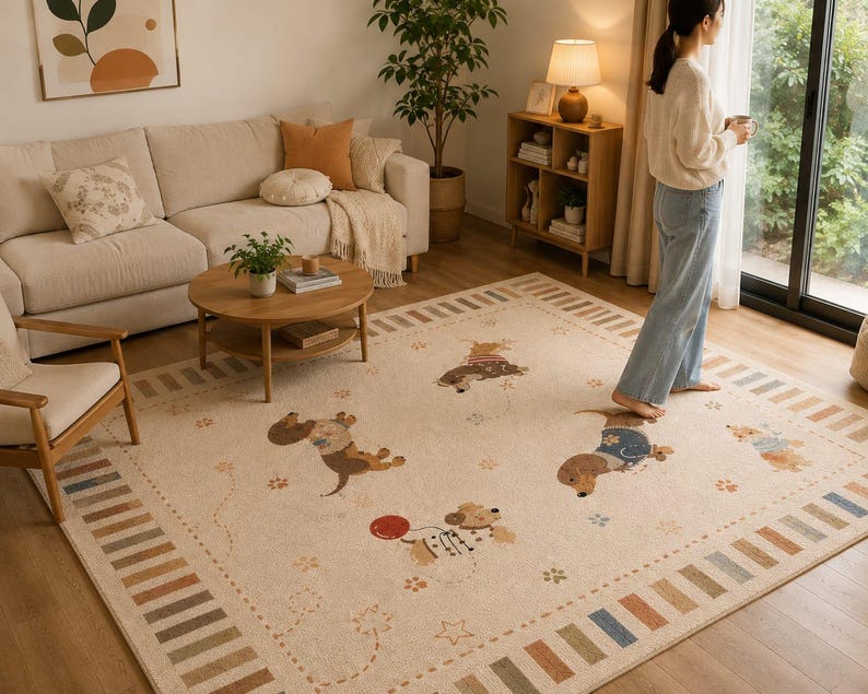 Puede incluir: Una alfombra rectangular grande con base de color crema que presenta un patr&oacute;n repetitivo de perros salchicha ilustrados con su&eacute;teres y bufandas, acentuado por peque&ntilde;as huellas de patas, estrellas y un borde de rayas rectangulares multicolores.