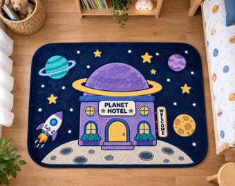 Alfombra infantil Planeta Espacial, Alfombra de juego con forma de cohete, Decoración de guardería con temática galáctica