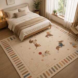 Puede incluir: Una alfombra rectangular con base de color crema que presenta un patr&oacute;n repetitivo de perros salchicha ilustrados con su&eacute;teres, peque&ntilde;as estrellas y huellas de patas. El borde consta de rayas verticales alternas en tonos tierra.