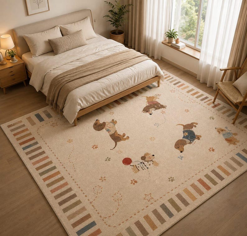 Puede incluir: Una alfombra rectangular con base de color crema que presenta un patr&oacute;n repetitivo de perros salchicha ilustrados con su&eacute;teres, peque&ntilde;as estrellas y huellas de patas. El borde consta de rayas verticales alternas en tonos tierra.
