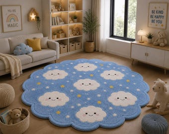 Alfombra de lana tejida a mano con diseño de nubes: Alfombra infantil con nubes y estrellas sonrientes (tamaño personalizado)
