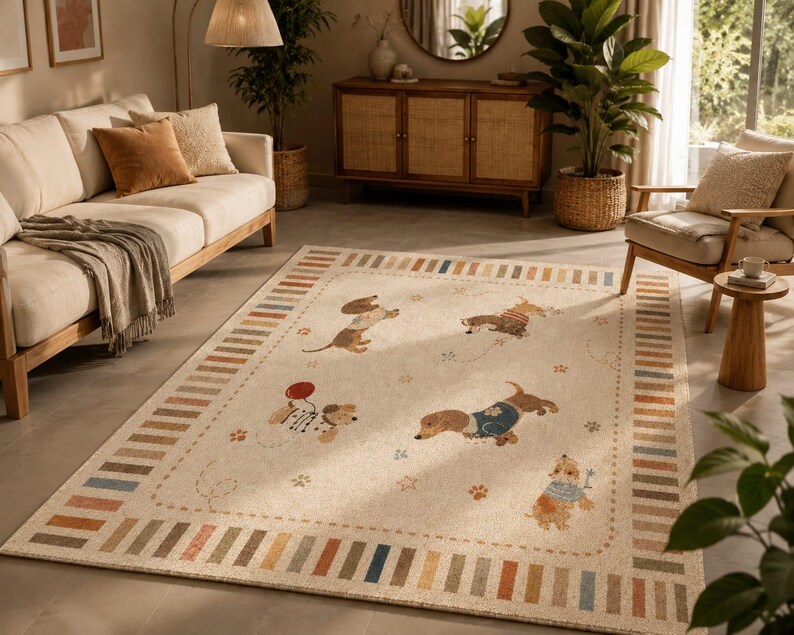 Puede incluir: Una alfombra rectangular con base de color crema que presenta un borde de rayas verticales alternas en tonos naranja, azul y marr&oacute;n apagados. El centro muestra ilustraciones de cinco perros peque&ntilde;os en varias posturas, acentuadas con peque&ntilde;as huellas y formas de estrellas.