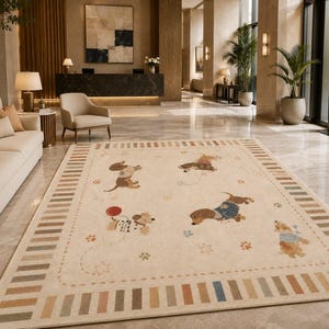 Puede incluir: Una alfombra rectangular con fondo color crema y un borde de rayas alternas en tonos beige, marr&oacute;n y azul. El centro muestra ilustraciones de perros salchicha con su&eacute;teres, acompa&ntilde;adas de peque&ntilde;os globos rojos y motivos de estrellas.