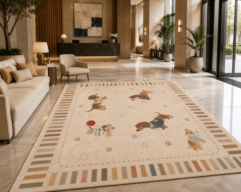 Puede incluir: Una alfombra rectangular con fondo color crema y un borde de rayas alternas en tonos beige, marr&oacute;n y azul. El centro muestra ilustraciones de perros salchicha con su&eacute;teres, acompa&ntilde;adas de peque&ntilde;os globos rojos y motivos de estrellas.