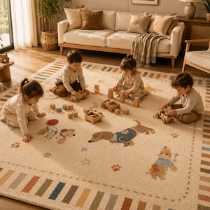 Puede incluir: Una alfombra rectangular grande de color beige claro con un borde de rayas multicolores. La alfombra est&aacute; decorada con ilustraciones de varias razas de perros, huellas de patas y estrellas, ofreciendo una superficie suave para el juego.