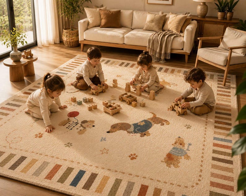 Puede incluir: Una alfombra rectangular grande de color beige claro con un borde de rayas multicolores. La alfombra est&aacute; decorada con ilustraciones de varias razas de perros, huellas de patas y estrellas, ofreciendo una superficie suave para el juego.
