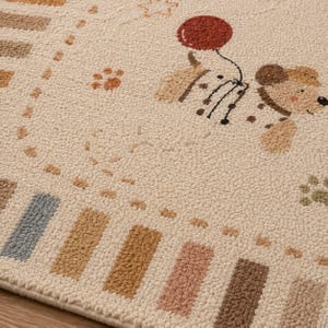 Puede incluir: Una alfombra texturizada de color crema con un patr&oacute;n repetitivo de huellas de perro marrones, una ilustraci&oacute;n de un perro marr&oacute;n sosteniendo un globo rojo y un borde compuesto por bloques rectangulares en tonos azules, marrones y rosas.