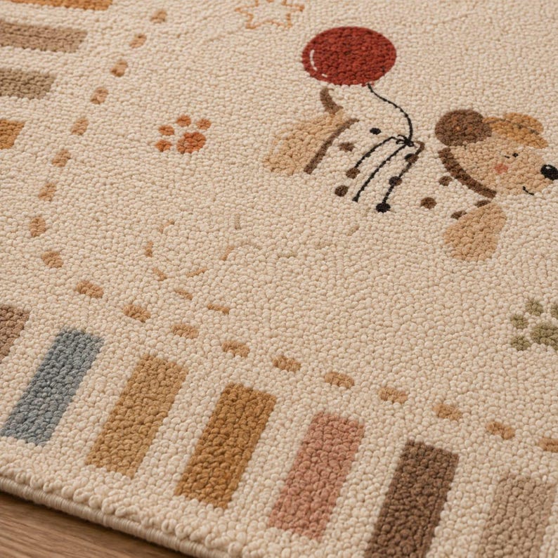 Puede incluir: Una alfombra texturizada de color crema con un patr&oacute;n repetitivo de huellas de perro marrones, una ilustraci&oacute;n de un perro marr&oacute;n sosteniendo un globo rojo y un borde compuesto por bloques rectangulares en tonos azules, marrones y rosas.