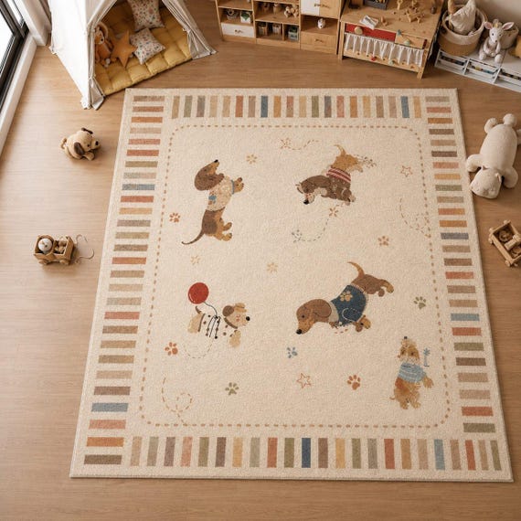 Handmade Wool Dog Rug, Neutral Nursery Playroom Carpet, Soft Cream Beige Animal Design
