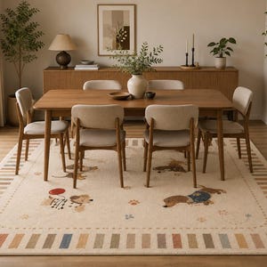 Puede incluir: Una alfombra rectangular con una base de color crema y un borde de rayas alternas en tonos apagados. La alfombra est&aacute; decorada con peque&ntilde;as ilustraciones de perros salchicha en varias posturas, huellas de patas y detalles florales en tonos neutros.