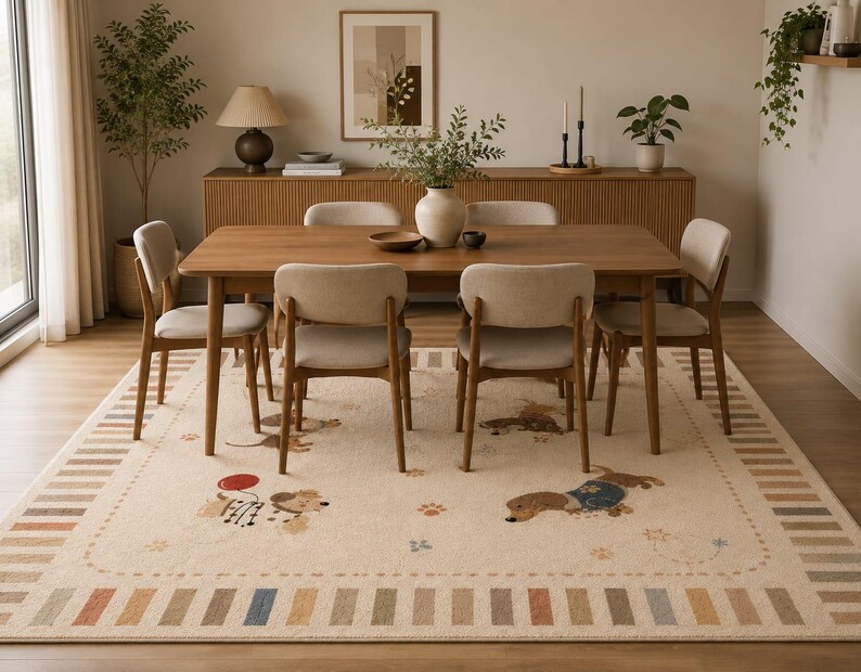 Puede incluir: Una alfombra rectangular con una base de color crema y un borde de rayas alternas en tonos apagados. La alfombra est&aacute; decorada con peque&ntilde;as ilustraciones de perros salchicha en varias posturas, huellas de patas y detalles florales en tonos neutros.