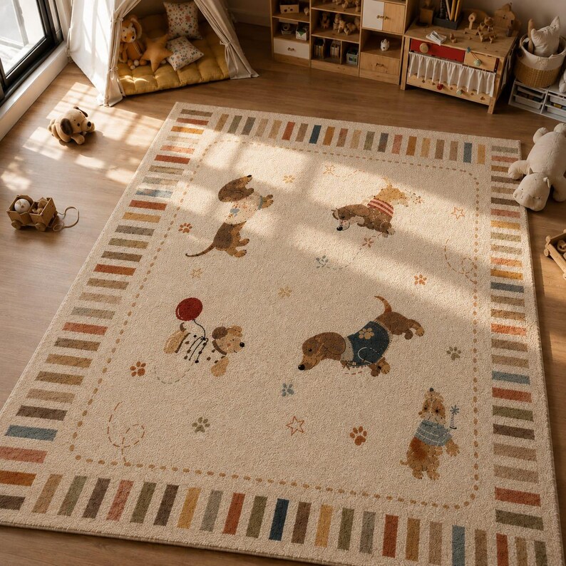 Puede incluir: Una alfombra rectangular con base de color crema y un borde de rayas multicolores. La alfombra muestra cinco perros salchicha ilustrados en varias posturas, acentuados por peque&ntilde;as huellas de patas, estrellas y un gr&aacute;fico de globo rojo.