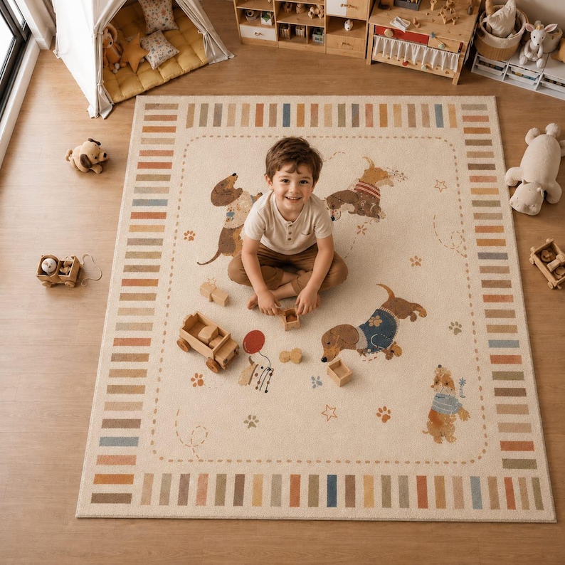 Puede incluir: Una alfombra rectangular con base de color crema que presenta un borde de rayas verticales alternas en tonos tierra suaves. La alfombra muestra ilustraciones de varios perros salchicha con su&eacute;teres, intercaladas con huellas de patas y estrellas.