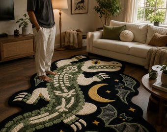 Alfombra de lana con diseño de esqueleto de cocodrilo, tejida a mano, estilo gótico fantástico (tamaños personalizados).