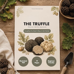Può includere: Un libro intitolato The Truffle: Discover, Identify, Appreciate, con illustrazioni botaniche di tartufi e foglie di quercia. La copertina include il testo Practical Illustrated Guide, Everything You Need to Know to Get Started, Illustrated PDF, 19 Pages, Beginner Friendly e Wild Flower Studio.