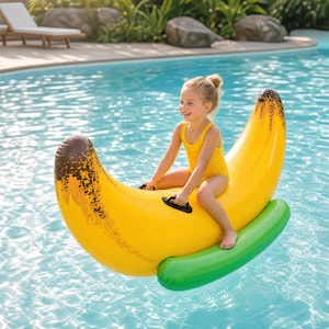 Pode incluir: Um grande flutuador de piscina inflável em forma de banana amarela com pontas castanhas em ambas as extremidades. O flutuador possui duas pegas de plástico preto para estabilidade e uma base inflável verde, concebido para uso em piscinas.