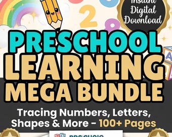 Preschool Learning Bundle, Tracing Numbers Letters Shapes, Toddler Handwriting Workbook, Homeschool Printable