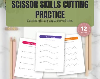 Scissor Skills Cutting Practice Worksheets, Toddler Fine Motor, Straight Curved Zigzag Lines, Preschool Cutting Activity