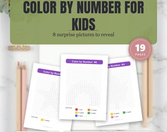 Color by Number Printable for Kids, 8 Surprise Pictures, Preschool Number Recognition Activity, Math Coloring Activity for Kindergarten