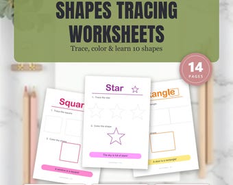 10 Shapes Tracing Worksheets, Preschool Fine Motor Practice, Trace Color Shapes, 2D Shapes Recognition for Kindergarten
