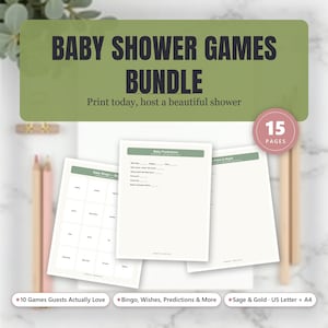 Sage Green Gold Baby Shower Games Bundle, Bingo, Wishes, Predictions image 1