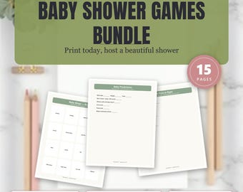Sage Green Gold Baby Shower Games Bundle, Bingo, Wishes, Predictions