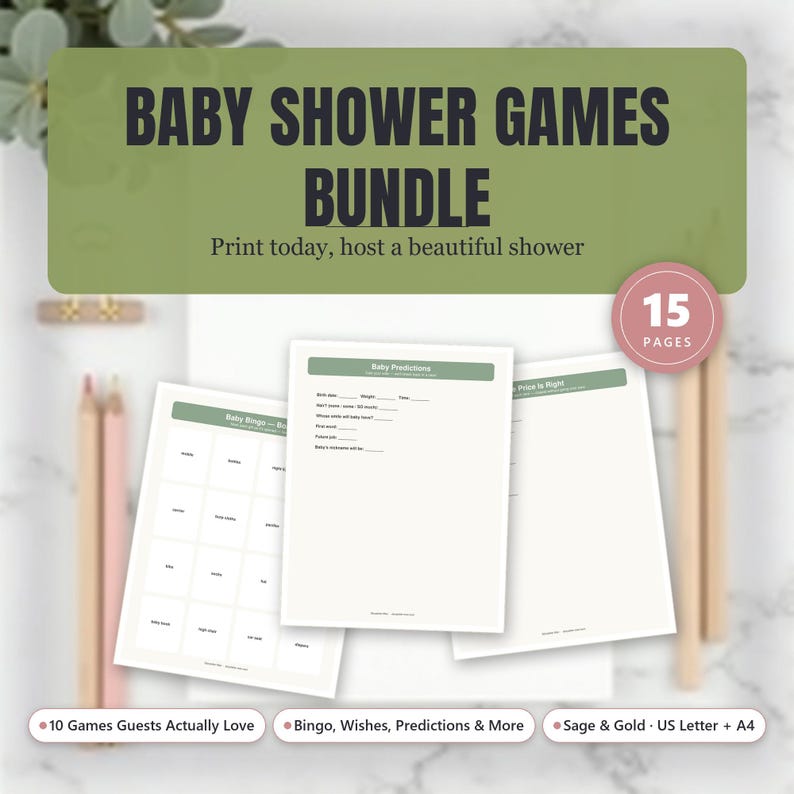 Sage Green Gold Baby Shower Games Bundle, Bingo, Wishes, Predictions image 1