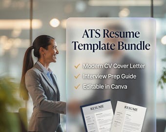 ATS Resume Template Bundle, Modern CV Cover Letter, Interview Prep Guide, Editable in Canva
