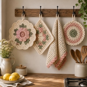 May include: Four crocheted kitchen items hanging on a wooden rack: a round floral potholder, a diamond-shaped square potholder, a rectangular towel with a scalloped edge, and a round textured potholder, all in cream, sage green, and dusty pink.