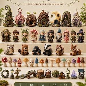 Könnte beinhalten: Ein 52-teiliges Häkelmuster-Set mit dem Titel Fantasy Forest Bundle, bestehend aus sieben Feenhäusern, zehn Figuren, sechs Waldtieren, sechzehn Pilzen und dreizehn Dekorationen. Die Sammlung enthält verschiedene farbenfrohe, detaillierte Garnfiguren.