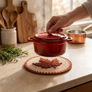 Puede incluir: Un salvamanteles redondo de ganchillo en color crema con un diseño texturizado de hoja de arce de color naranja oscuro en el centro y un borde naranja a juego. El salvamanteles se coloca debajo de una olla de hierro fundido roja humeante.