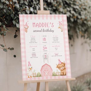 Rosa milstolpe-tavla för ladan, ladugårdsfest, statistikskylt för babyflicka, milstolpe-affisch för 2-årsdag, redigerbar Canvas-mall