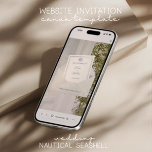 Elegante invito per matrimonio sulla costa con sistema di conferma di partecipazione, invito digitale per matrimonio in location esotica, modello Canva modificabile.