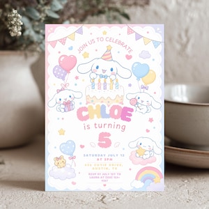 May include: A rectangular birthday invitation card featuring Cinnamoroll characters, pastel balloons, a birthday cake with candles, and a rainbow. The text reads: JOIN US TO CELEBRATE CHLOE is turning 5 SATURDAY JULY 12 AT 2PM 656 CUTIE DRIVE, AUSTIN, TX RSVP BY JULY 1ST.