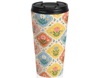 Vintage Blumenfliesenmuster-Edelstahl-Reisebecher | Bunte Boho Blumen