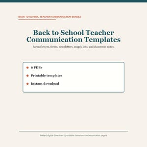 May include: A digital download titled "Back to School Teacher Communication Templates." The text includes "Parent letters, forms, newsletters, supply lists, and classroom notes." The image highlights "6 PDFs," "Printable templates," and "Instant download."