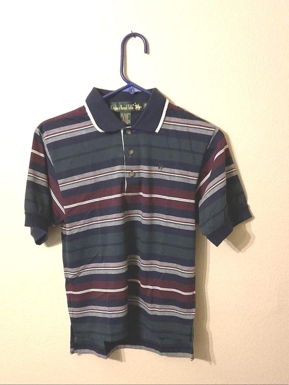 VTG Knight of Round Table Striped Polo Navy/Burgundy/Green with Knight S NWT