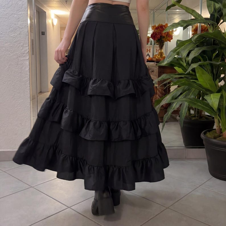 Tiered Ruffle Gothic Skirt Women High Low Layered Black Halloween Gift