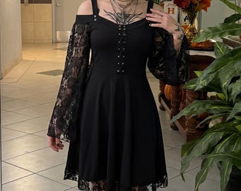 Gothic Cold Shoulder Dress for Her | Corset Bell Sleeve Gown for Witchy Style | Lace Cotton Blend Dress | Renaissance Faire Outfit
