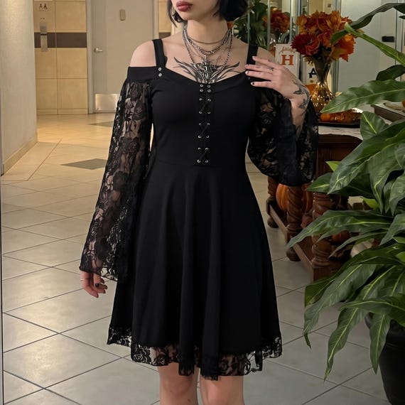 cold shoulder cotton dress Gothic for Her | Corset Bell Sleeve Gown for Witchy Style | Lace Blend Dress Machine wash Beading Length:18