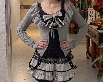 Ruffle Cardigan Bow Skort Set for Her | Jirai Kei Outfit for Birthday | Gray Two Piece Set | Egirl Fashion Idea