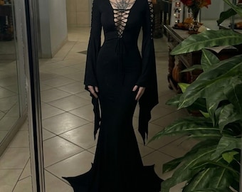 Black Gothic Mermaid Gown for Her | Lace-Up Bell Sleeve Dress for Wedding Guest | Halloween Party Gown | Vampire Costume Idea
