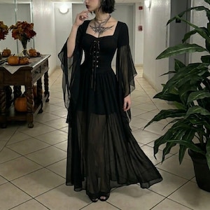 long black gothic dress plus size Plus Size Black Lace Long Sleeves Gothic Wedding Dress